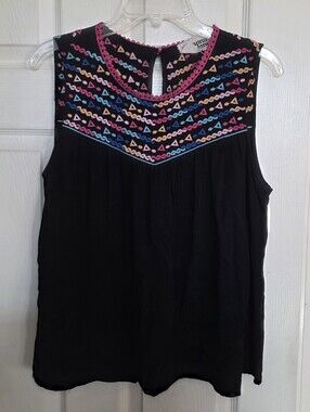 Savanna Jane Black Sleeveless Top with Pink, Blue & Peach Embroidery Large